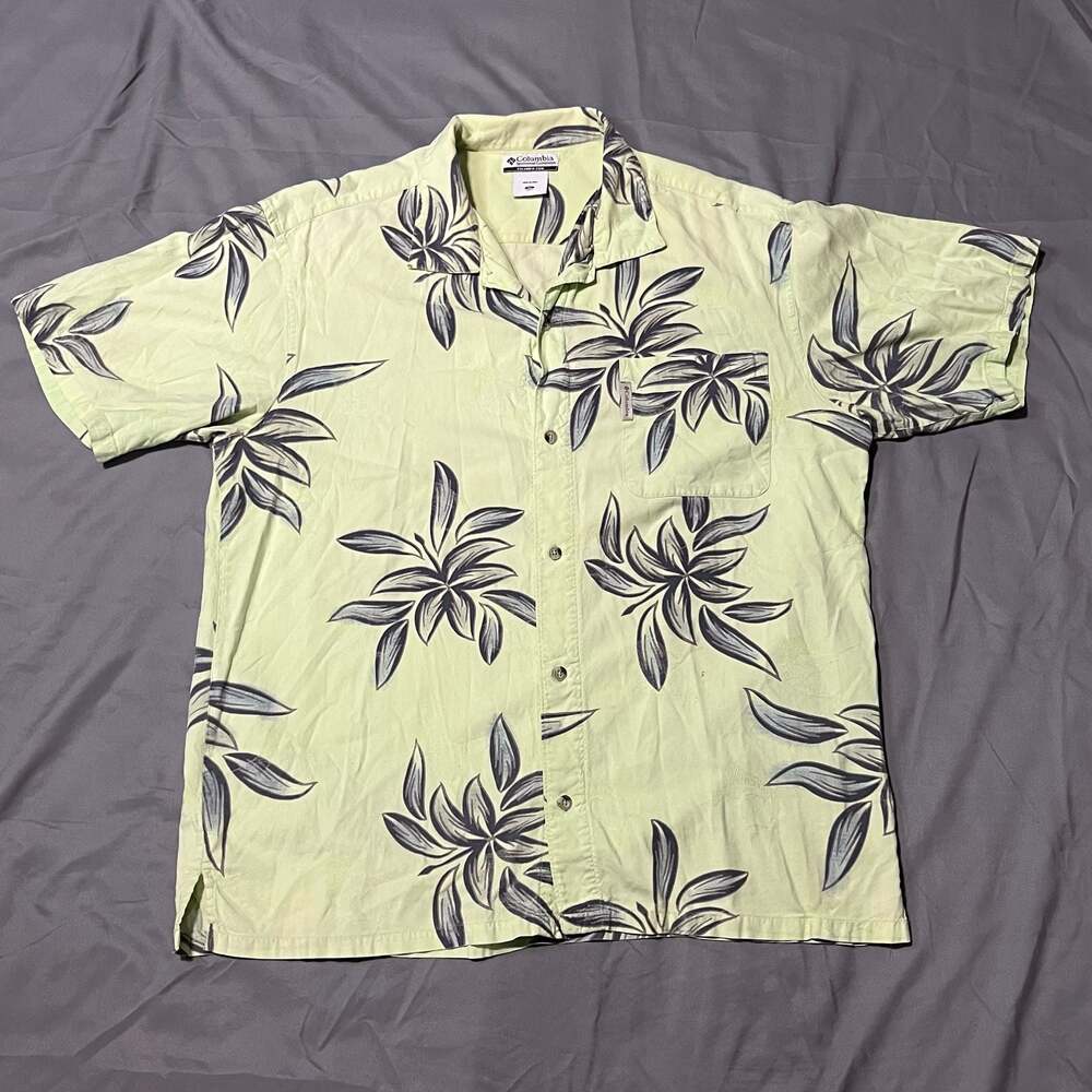 Columbia Men's XL Lime Green Leaf Print Short Sleeve Woven Cotton Sport Shirt